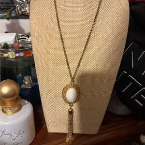 Gold Pendant Necklace with Cream Centerpiece